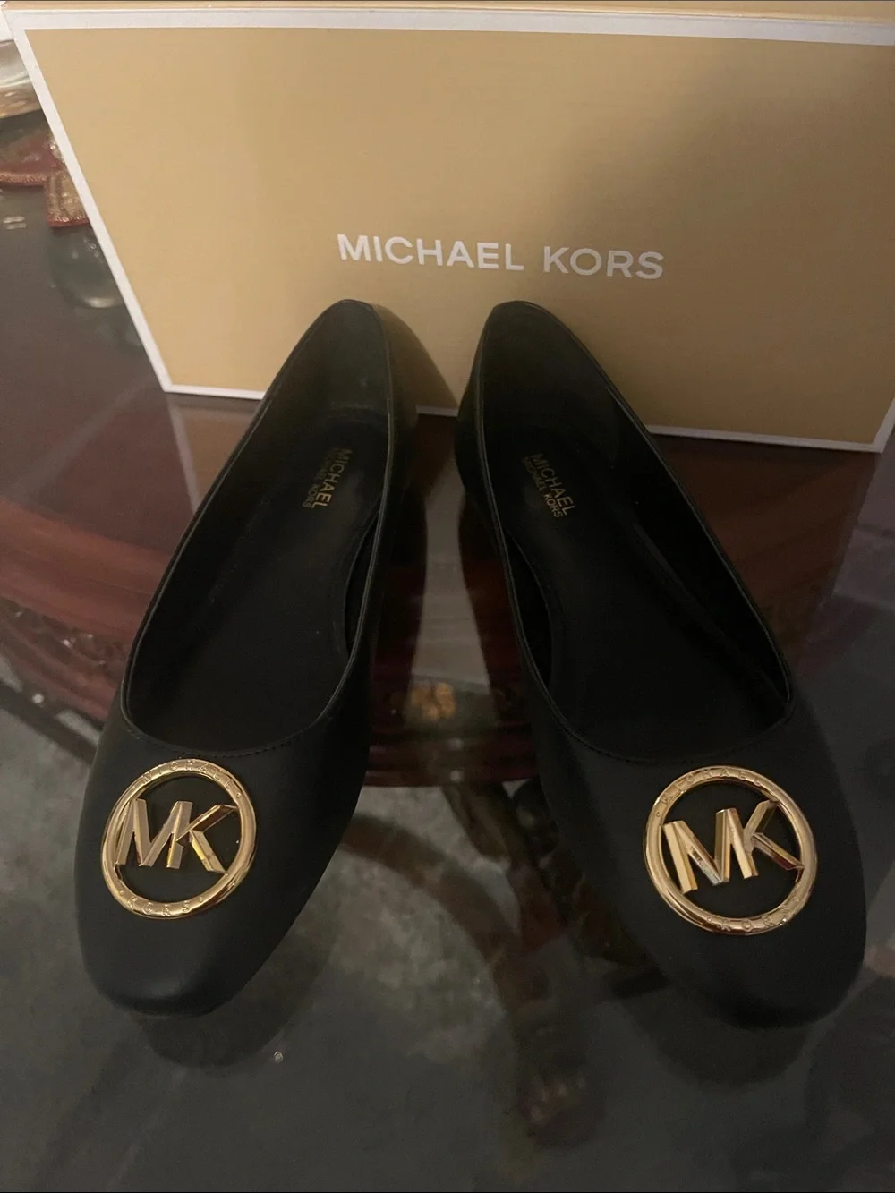 Michael Kors Black Leather Logo Ballet Flats with Gold MK Emblem